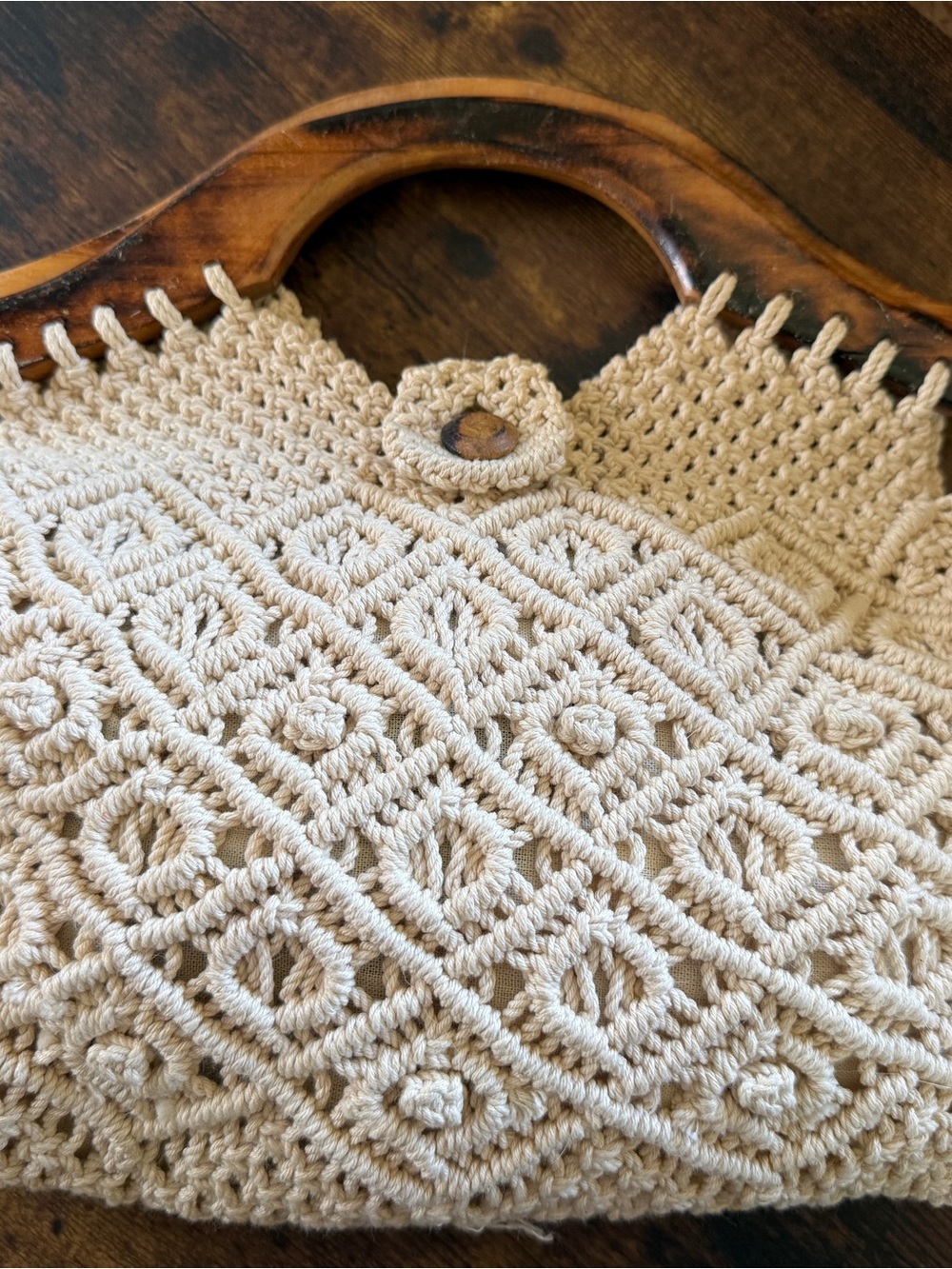 Vintage Macramé Handbag w/ Wooden Handles Boho Crochet Purse